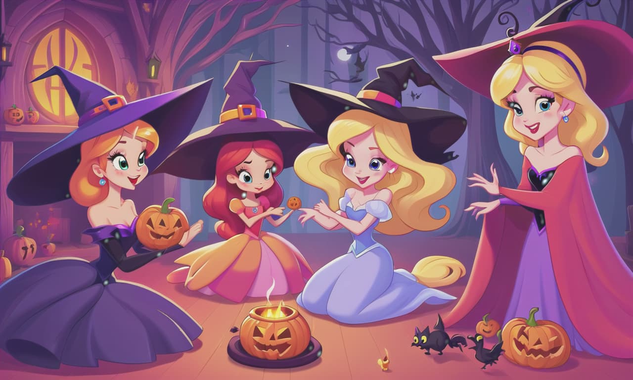  cartoon princesses playing with witches