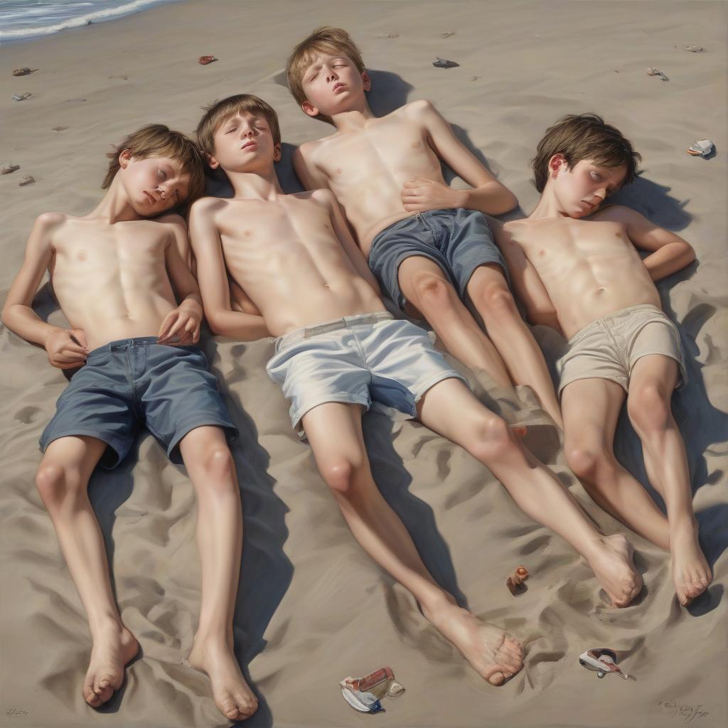  photorealism, five boys lying unconscious on the beach.