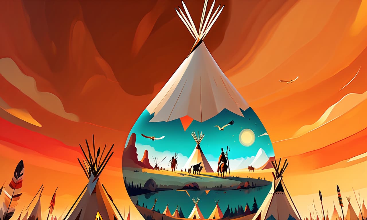  multi dimensional illustration, native american illustration on white background, tipis and bufalo hunting landscape painting, above super wide angle, dreamy, 4k, romantic, trending on artstation, colorful vanilla oil, 3d chaos 10 ar 9:16 style raw personalize pqyxvne stylize 900