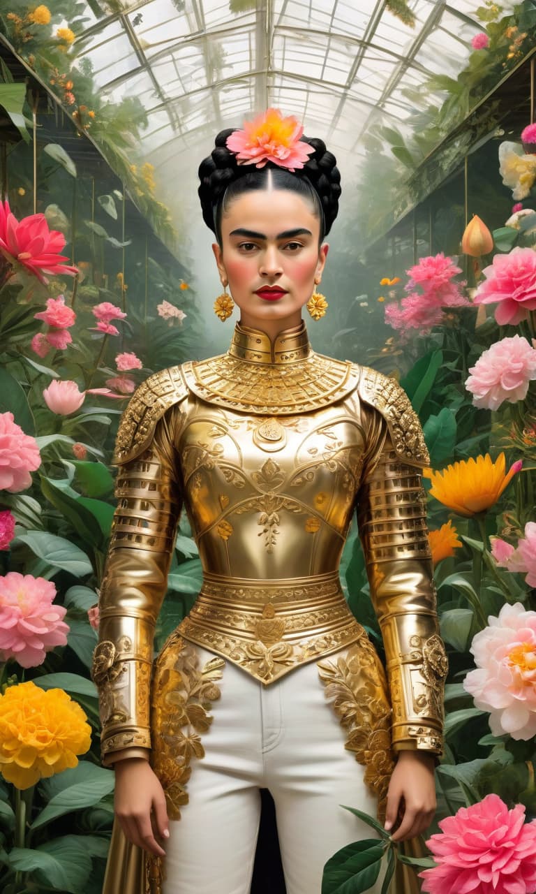  concept art color pink, white, black, gold greenhouse frida kahlo in gold armor many flowers no green . digital artwork, illustrative, painterly, matte painting, highly detailed, perfect hands