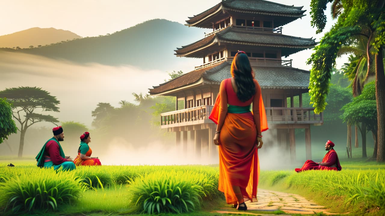  a vibrant scene showcasing an ancient temple surrounded by lush greenery, with diverse tourists engaging in cultural activities, local artisans displaying crafts, and traditional dancers performing, capturing the essence of heritage tourism. hyperrealistic, full body, detailed clothing, highly detailed, cinematic lighting, stunningly beautiful, intricate, sharp focus, f/1. 8, 85mm, (centered image composition), (professionally color graded), ((bright soft diffused light)), volumetric fog, trending on instagram, trending on tumblr, HDR 4K, 8K