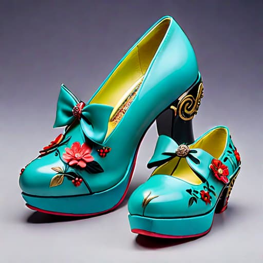  Create a photorealistic digital illustration of a whimsical design women’s shoe with balanced parts, ornate soles, 8 centimetre height heel with rubber sole and covered in soft, luxurious textured materials. The art style should blend elements of Irregular Choice, Tim Burton and Osamu Tezuka hyperrealistic, full body, detailed clothing, highly detailed, cinematic lighting, stunningly beautiful, intricate, sharp focus, f/1. 8, 85mm, (centered image composition), (professionally color graded), ((bright soft diffused light)), volumetric fog, trending on instagram, trending on tumblr, HDR 4K, 8K