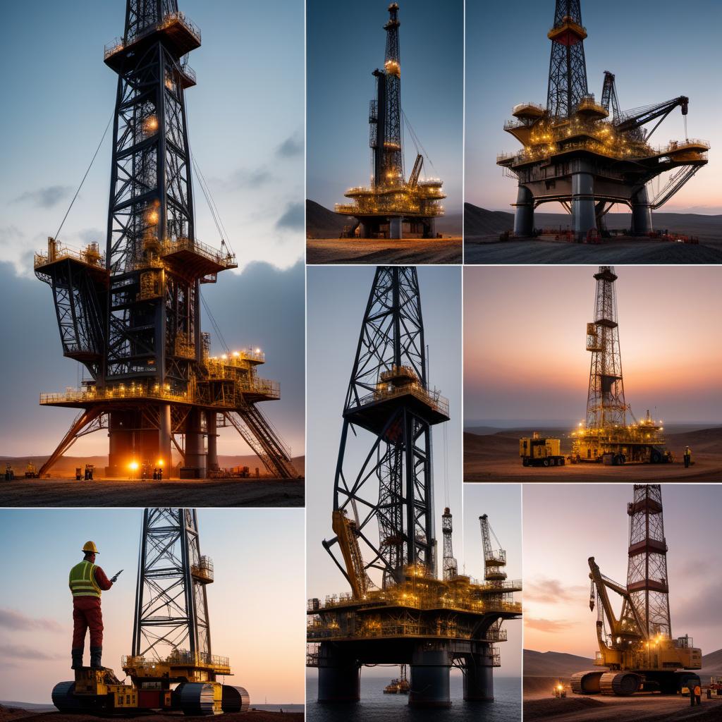  Various scenes of an oil drilling rig in operation. Include multiple perspectives: a wide shot of the entire rig, a close-up of workers handling the drilling pipes, a view of the drilling rig at night with lights illuminating the work area. Show workers in safety gear, drilling machinery, and the derrick. The background includes a blend of natural landscape with machinery and equipment. hyperrealistic, full body, detailed clothing, highly detailed, cinematic lighting, stunningly beautiful, intricate, sharp focus, f/1. 8, 85mm, (centered image composition), (professionally color graded), ((bright soft diffused light)), volumetric fog, trending on instagram, trending on tumblr, HDR 4K, 8K