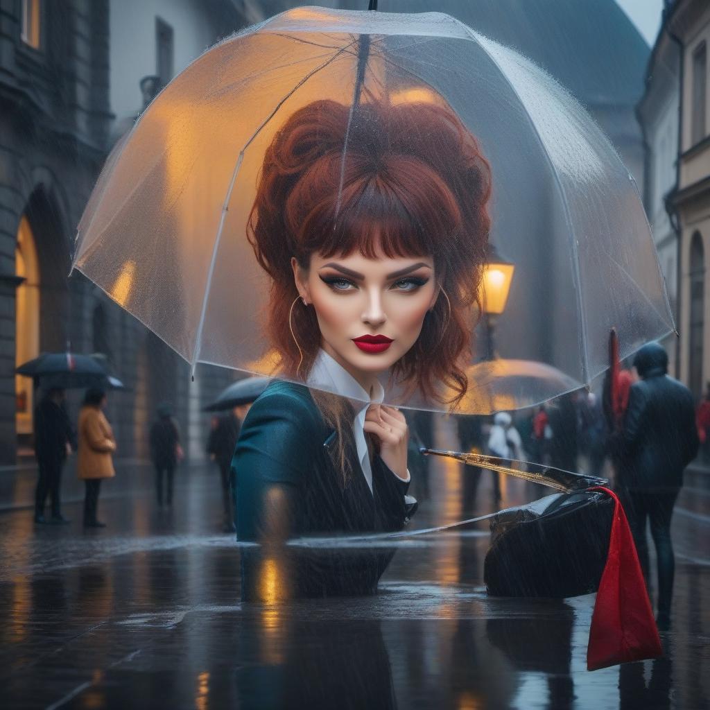  Beautiful urban landscape, streets of Prague, rain, reflections in puddles hyperrealistic, full body, detailed clothing, highly detailed, cinematic lighting, stunningly beautiful, intricate, sharp focus, f/1. 8, 85mm, (centered image composition), (professionally color graded), ((bright soft diffused light)), volumetric fog, trending on instagram, trending on tumblr, HDR 4K, 8K