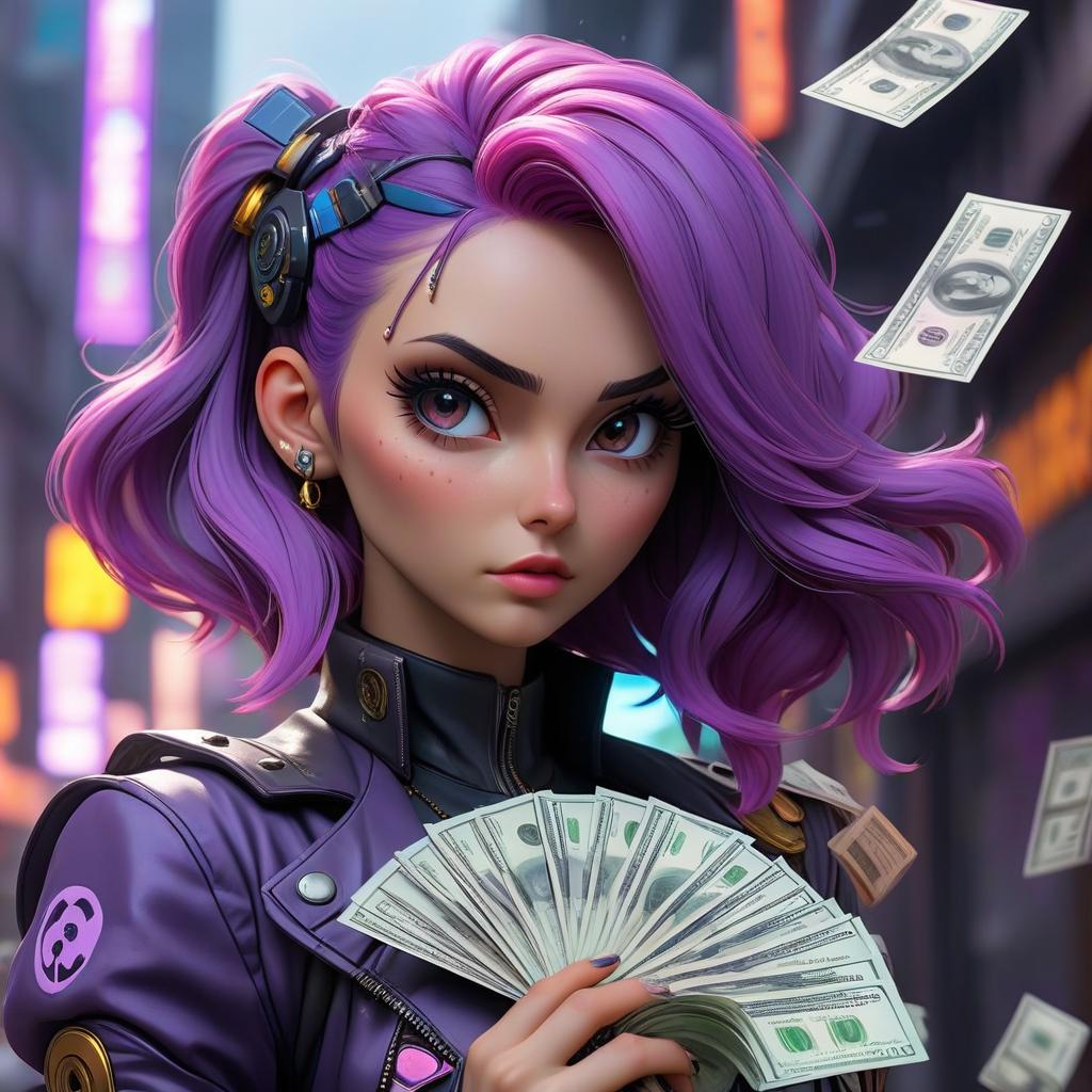  cyberpunk game style a girl with purple hair, money in her hands, money falling from the sky, full length, long hair, anime . neon, dystopian, futuristic, digital, vibrant, detailed, high contrast, reminiscent of cyberpunk genre video games, sticker hyperrealistic, full body, detailed clothing, highly detailed, cinematic lighting, stunningly beautiful, intricate, sharp focus, f/1. 8, 85mm, (centered image composition), (professionally color graded), ((bright soft diffused light)), volumetric fog, trending on instagram, trending on tumblr, HDR 4K, 8K