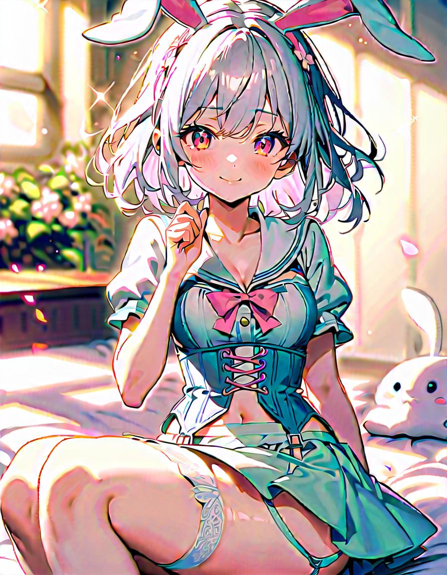  a cute girl with bunny ears, white hair, and red eyes., smiling in a cute pose., smile, break a cute girl wearing a sailor uniform in pastel colors., a cute room with dappled sunlight and a blurry background., flower, garter belt, corset, miniskirt, break sparkle and powder lights, flare lens, lens flare, petals,