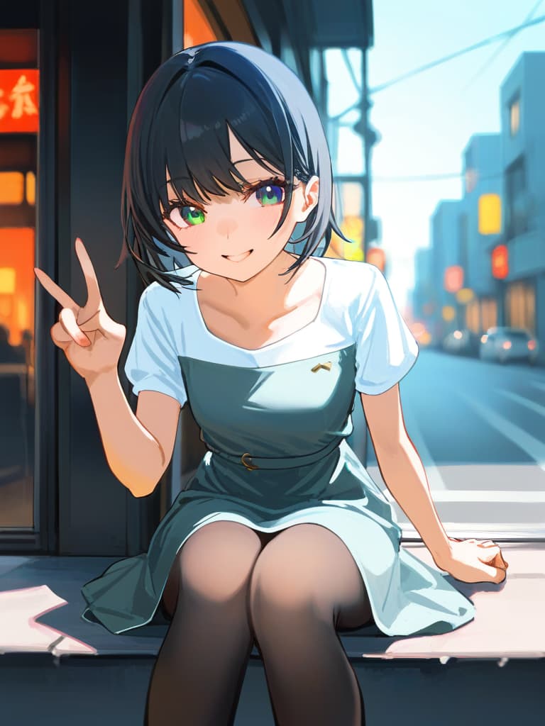  (✌peace pose:2.0)masterpiece,beautiful girl,nice body,(long legs:1.5)(ponytail:1.5)(wearing a knee length dress with white short sleeves:2.0)(smiling)(wearing a pitch black panty hose:2.0)(full length:1.7)(on the street:1.5)(sitting shallow on the guardrailsitting:1.7)(close up:1.5)high quality,16k