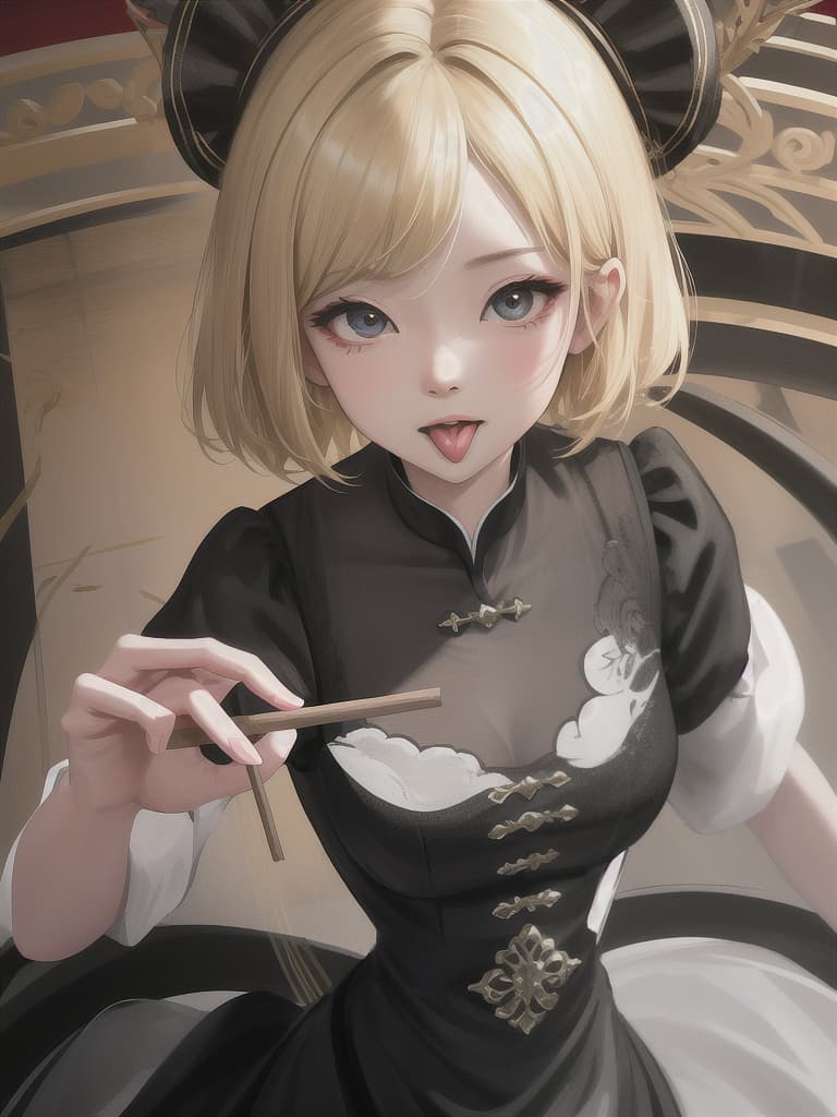  high angle shot,POV,upturned eyes,so cute,short blonde hair,Stick out tongue,black china dress,facing viewer, masterpiece, best quality,8k,ultra detailed,high resolution,an extremely delicate and beautiful,hyper detail
