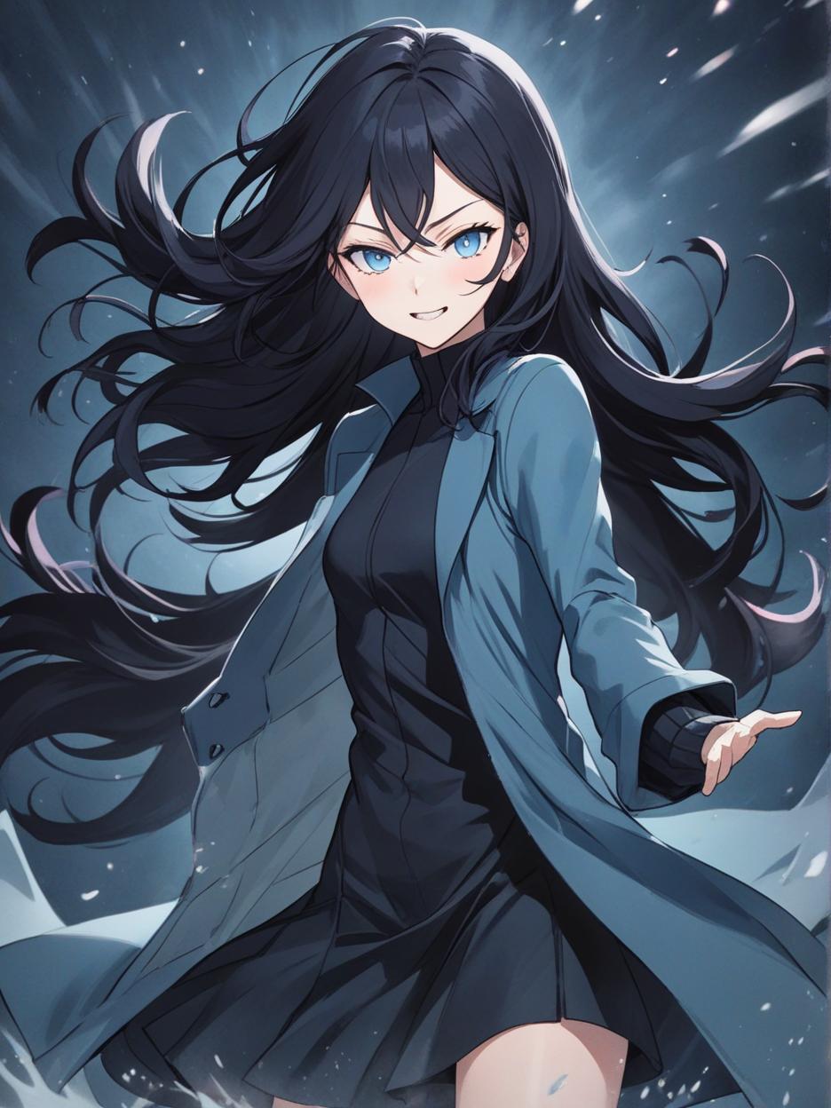  manga artwork a woman with sharp teeth. light blue eyes. it has long black hair that flows freely, giving it a mysterious and imposing air. he wears a long black coat with wavy edges, which appear to be in constant motion, adding a sense of dynamism to his appearance. the coat is open at the front, revealing a fitted black outfit underneath, which highlights her slender and athletic figure. her pose is confident and slightly dynamic, with one hand extended outwards, as if reaching for something or making a meaningful gesture. the background is a solid black, with an aura like circle framing the character's head, enhancing his silhouette and giving him an almost otherworldly look. hyper realistic atmospheres, detail, 8k. manga artist. manga