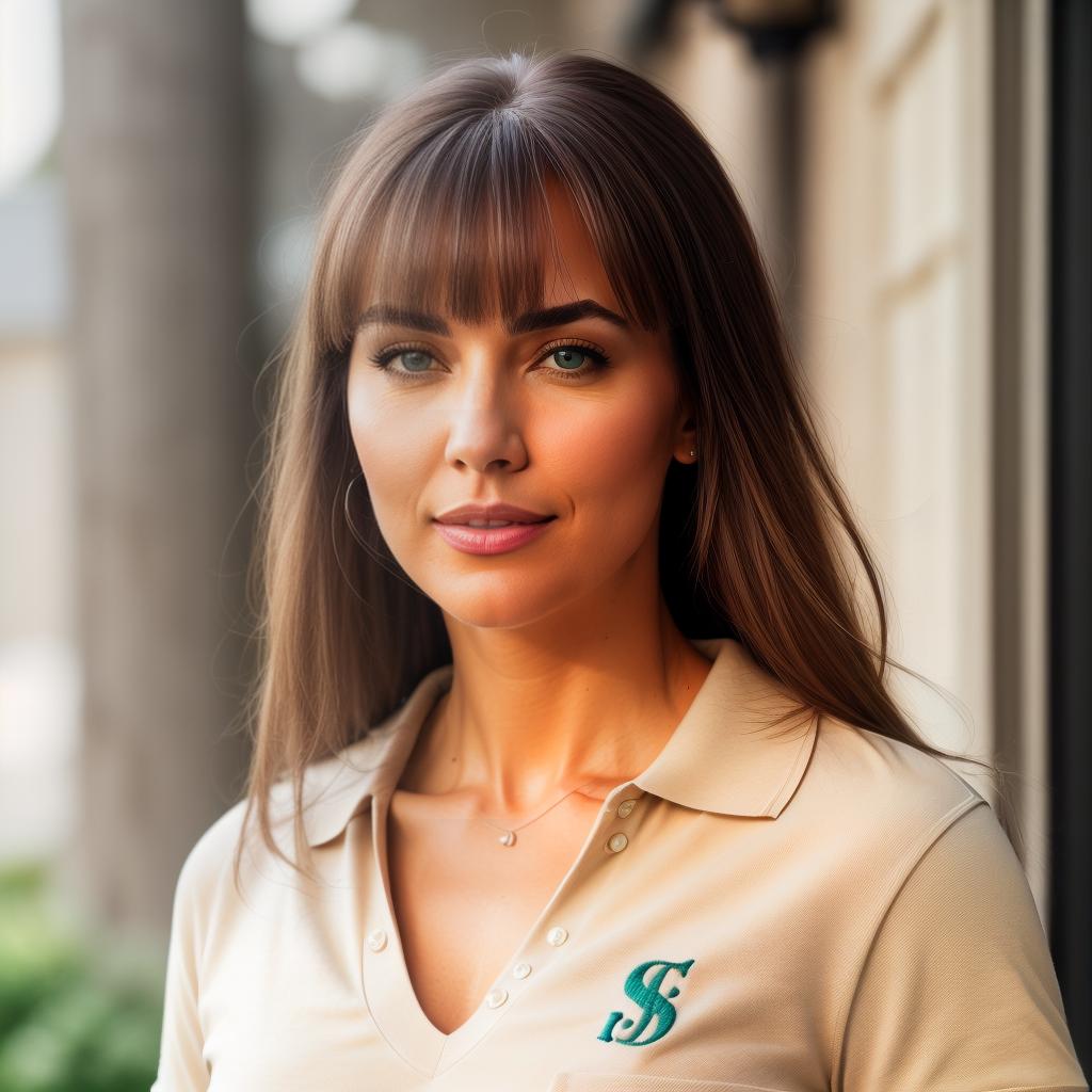  (((realistic full torso frontal head shot of a light beige to medium tan skin tone woman))), liselotte jane winkler, ((caucasian heritage)), immature face, brown eye color, ((bangs hair style)), (( hair color)), (( body type)), small size, big size, (immature flat nose), (immature defined cheekbones), (immature angular jawline), (immature full lips), (immature wide forehead), (immature even eyebrows), (immature dimpled chin), standing straight looking directly into the camera,((wearing fitted polo shirt with deep v neck and monogrammed pocket)), backyard in background, 1, best quality, highest quality, award winning photo, masterpiece, raw, professional photography, photorealism, sharp focus, cinematic, hi hyperrealistic, full body, detailed clothing, highly detailed, cinematic lighting, stunningly beautiful, intricate, sharp focus, f/1. 8, 85mm, (centered image composition), (professionally color graded), ((bright soft diffused light)), volumetric fog, trending on instagram, trending on tumblr, HDR 4K, 8K