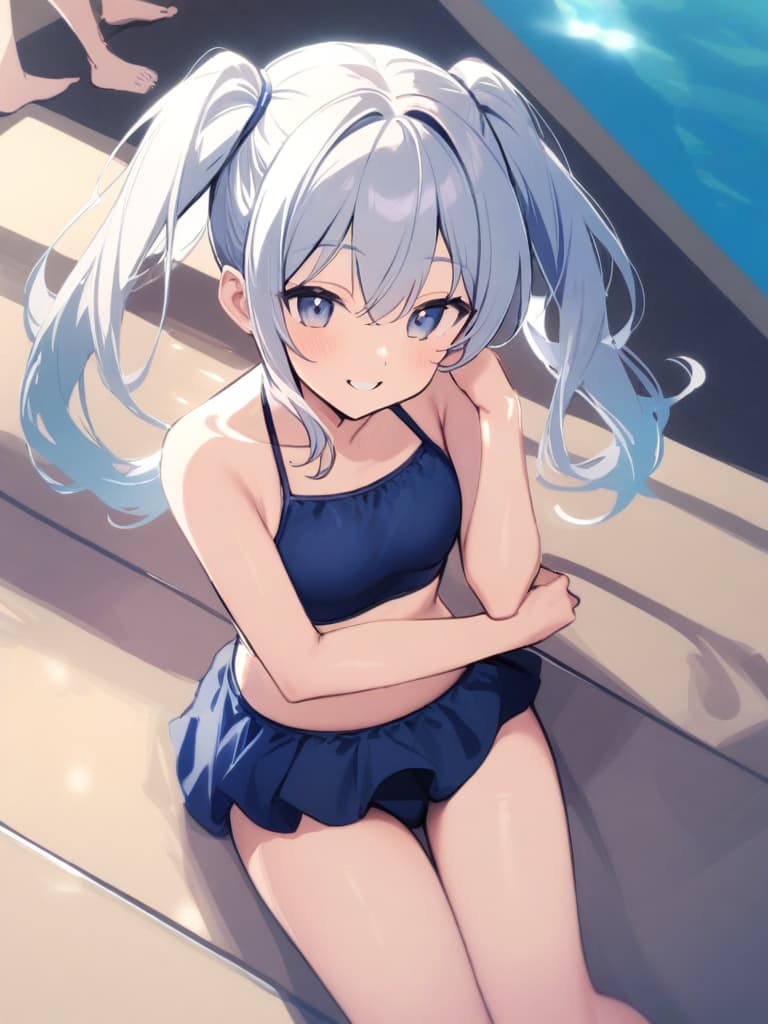  women's elementary students, twin tails, rich smiles, cute smiles, navy blue swimwear, old swimwear, swimwear, simple, male, shaped clear , shaped clear, clear stem, shaped crisp, male bulge,, front. the whole body, pool side,