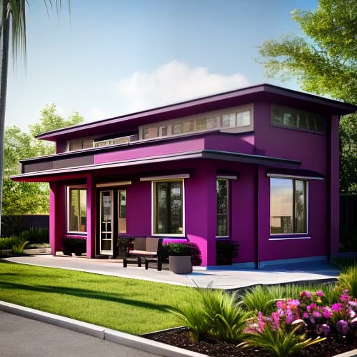 redshift style a big purple colored restaurant building hyperrealistic, full body, detailed clothing, highly detailed, cinematic lighting, stunningly beautiful, intricate, sharp focus, f/1. 8, 85mm, (centered image composition), (professionally color graded), ((bright soft diffused light)), volumetric fog, trending on instagram, trending on tumblr, HDR 4K, 8K