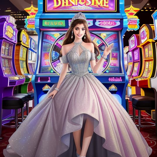  the princess is wearing a diamond studded evening dress with a slot machine arcade in the background