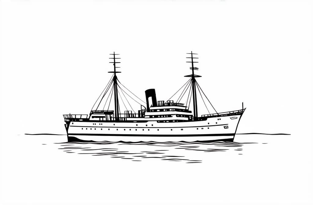  contour, very simple image in one unbroken black ink line, single line of steamship ar 3:2 using a single continuous black line ink brushon white background, drawing should be created without lifting the pen, recognizable features of steamship ar 3:2 in one unbroken line