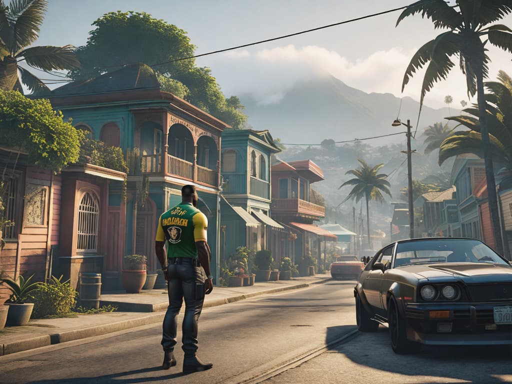  jamaican town, grand theft auto, by the bay, ((mystical)) hyperrealistic, full body, detailed clothing, highly detailed, cinematic lighting, stunningly beautiful, intricate, sharp focus, f/1. 8, 85mm, (centered image composition), (professionally color graded), ((bright soft diffused light)), volumetric fog, trending on instagram, trending on tumblr, HDR 4K, 8K