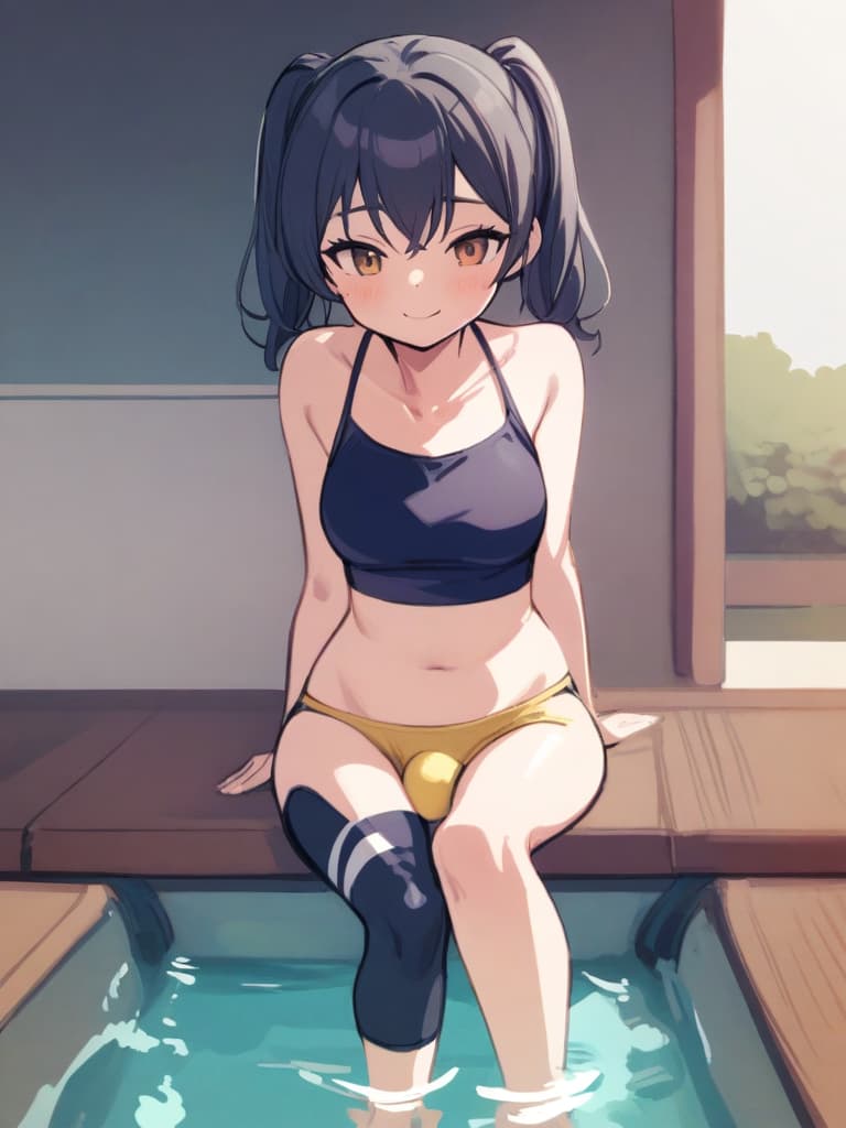  women's elementary students (male), twin tails, cute smiles, rich s, low stature, dark blue swimwear, old swimwear, , simple, , (bulge), male (bulging), front, whole body, pool side,