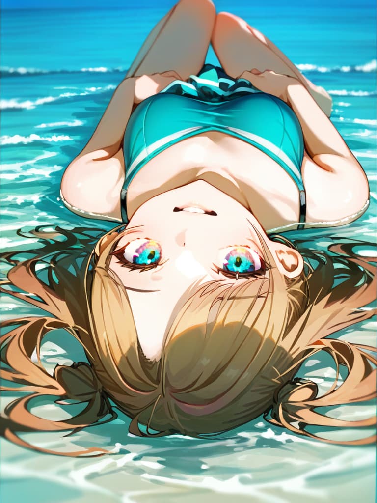  ultra detailed:1.2,masterpiece:1.2,best quality,masterpiece,bestquality,hdr:1.1,8k:1.1,very cute girl:1.3,(aqua color,sports ,swimwear:1.6),(lying,at striped float bed on sea:1.8) ,smile:1.4 ,(blonde hair,twin tail,drill hair:1.3) ,(on the sea:1.7),upper body:1.3,dutch angel:1.5,open mouth,(upside down:1.7)(from above:1.1)((eyes highlight:1.1))