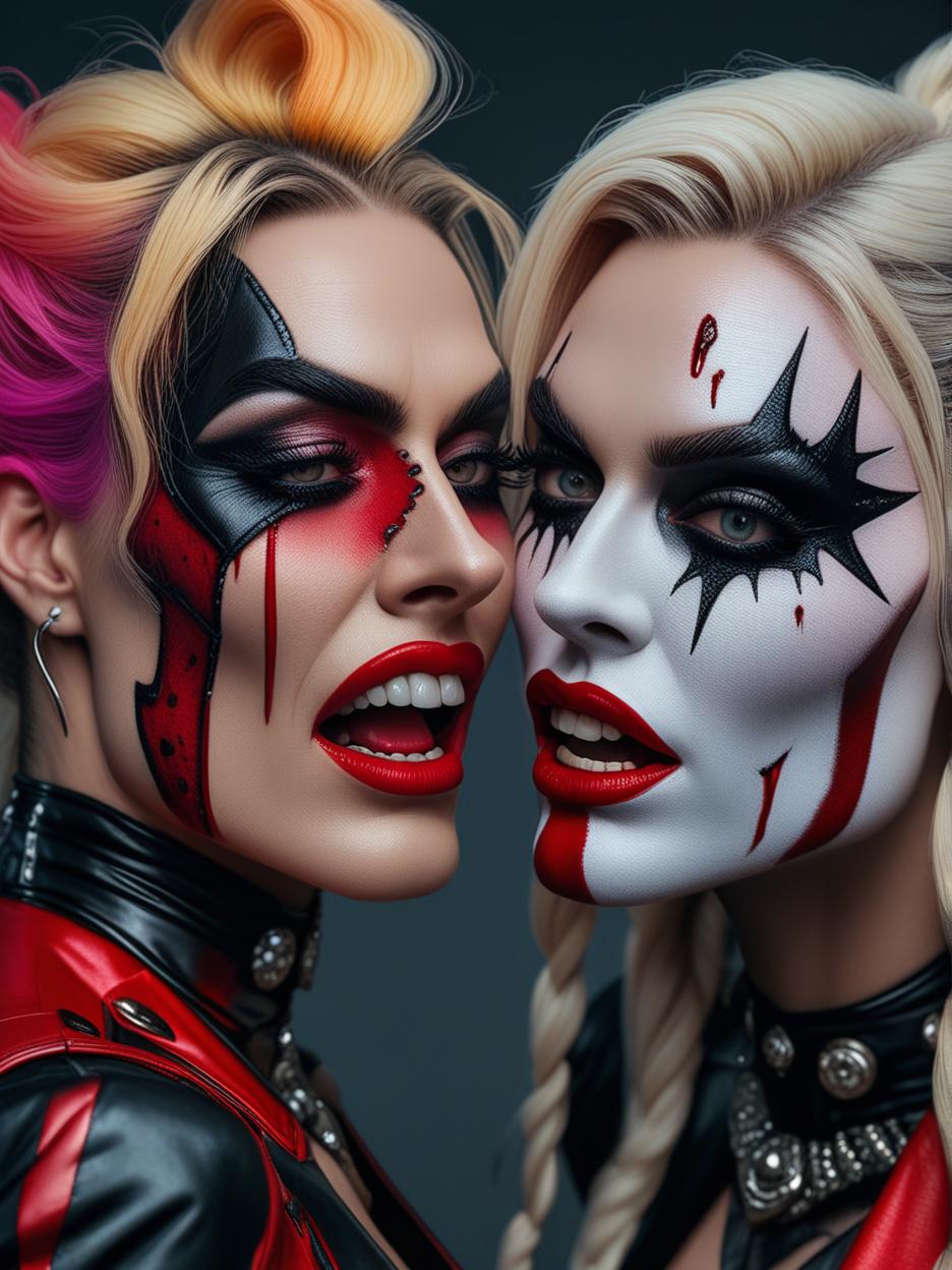  best quality, hd, a close up portrait of a woman cosplaying as a mix of harley quinn and two face. her face is split into two distinct halves: one side styled after harley quinn, vibrant and manic, while the other side resembles two face, grotesque and distorted. the harley side has a bright, colorful look with a half jester hat, while the two face side is darker, with burnt and scarred features. her expression is a stark contrast, one side laughing maniacally, the other twisted in a banshee like scream. hyperrealistic, full body, detailed clothing, highly detailed, cinematic lighting, stunningly beautiful, intricate, sharp focus, f/1. 8, 85mm, (centered image composition), (professionally color graded), ((bright soft diffused light)), volumetric fog, trending on instagram, trending on tumblr, HDR 4K, 8K