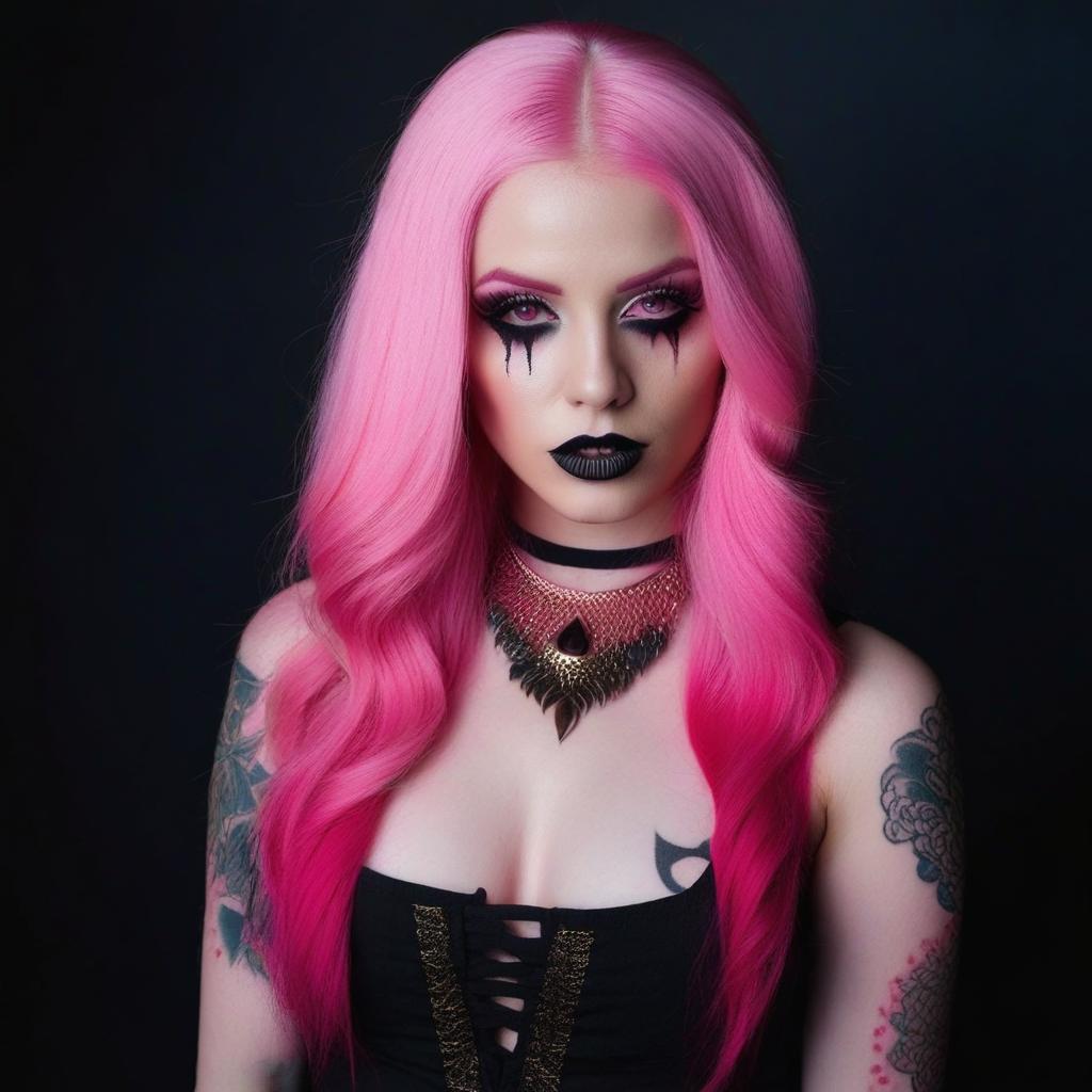  4 age women,full body shot portrait horrifying scary pale long pink hair ,full white eyes, black lips, black dripping eyeshadow tattoos,in pink cotton with pink trim