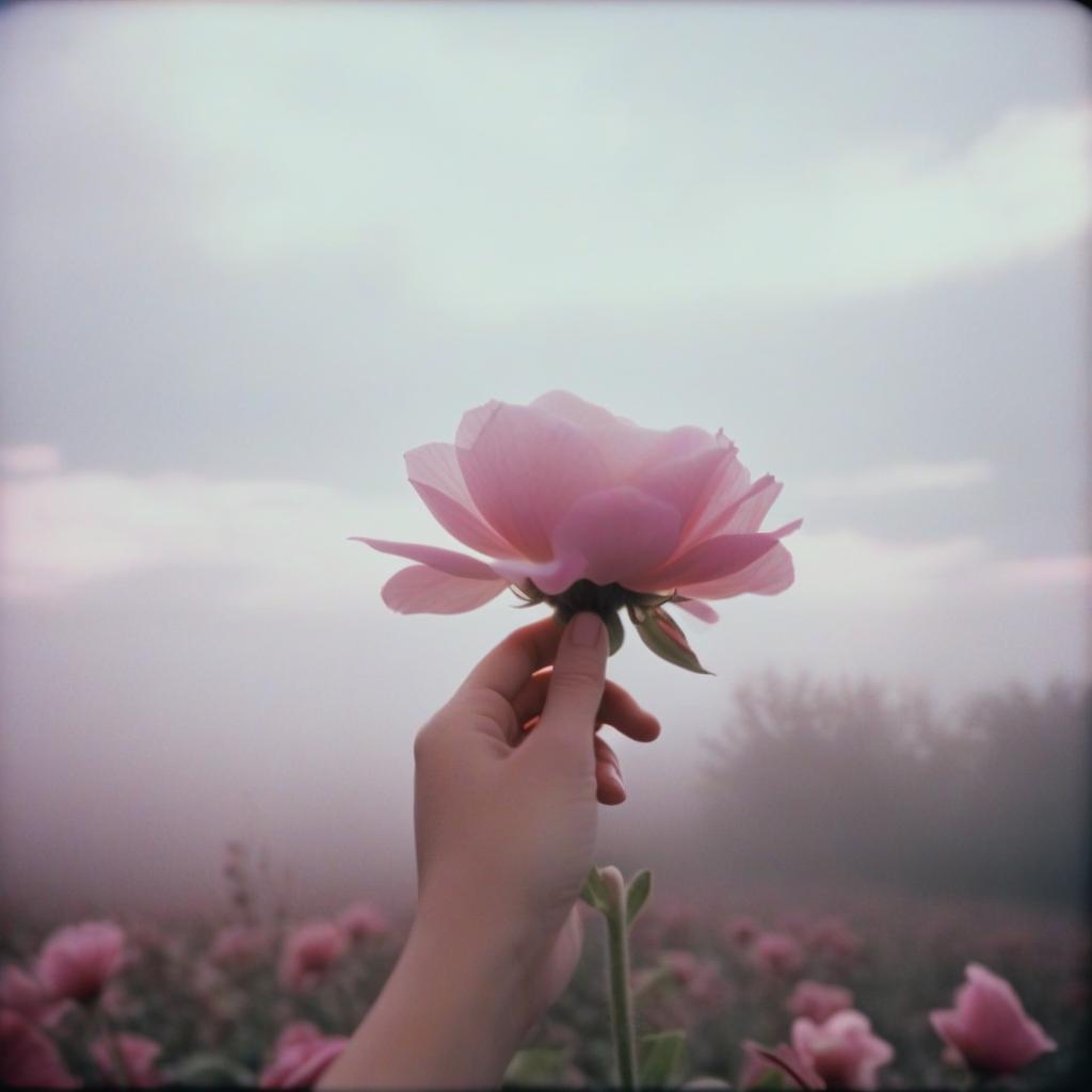  analog film photo the girl's hand touches a pink flower, pink and white shades, light fog, clouds in the background . faded film, desaturated, 35mm photo, grainy, vignette, vintage, kodachrome, lomography, stained, highly detailed, found footage