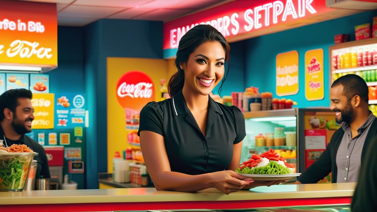  a bustling franchise storefront, showcasing diverse customers enjoying food and shopping, with a smiling franchise owner behind the counter, surrounded by vibrant branding and a busy atmosphere, reflecting success and community engagement. hyperrealistic, full body, detailed clothing, highly detailed, cinematic lighting, stunningly beautiful, intricate, sharp focus, f/1. 8, 85mm, (centered image composition), (professionally color graded), ((bright soft diffused light)), volumetric fog, trending on instagram, trending on tumblr, HDR 4K, 8K