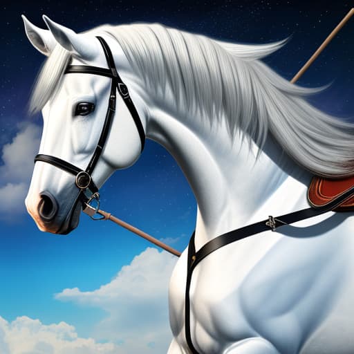  Allien e on horse with stick in look me. 4K 3D Her eyes are blue and her is shiny glass. 3D 4K uhd Realistic marblelight shine light spread art glass parts on sky)