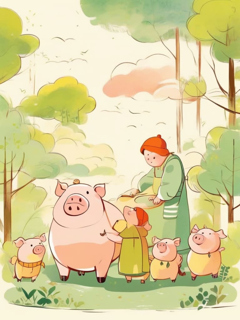  line art drawing pigs, one male, round body, soft, simplistic five officials, wearing a colored apron, with a small basket, with a simple forest scene in its background, a soft light, a bright and happy atmosphere, a whole size, sweet, child friendly painting style。. professional, sleek, modern, minimalist, graphic, line art, vector graphics