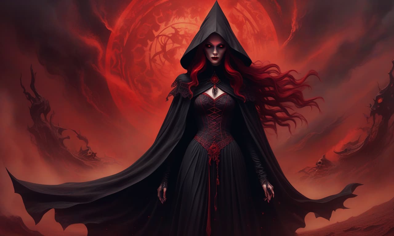  gothic style a witch in a black shroud. the witch stands in the distance. a pointed hat. a witch in a dynamic pose. red mist. red sandstorm. black sun . dark, mysterious, haunting, dramatic, ornate, detailed