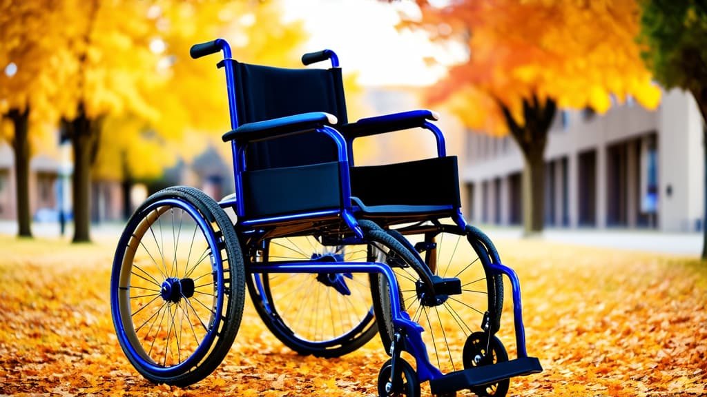  wheelchair with four wheels standing against the background of a hospital. autumn atmosphere. the background is blurred. ar 16:9 {prompt}, maximum details