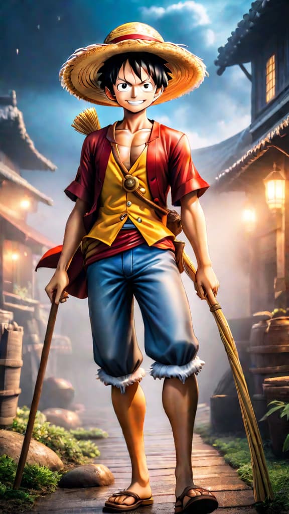  anime art: luffy's straw hat symbolizes his promise to surpass shanks, embodying loyalty and determination. hyperrealistic, full body, detailed clothing, highly detailed, cinematic lighting, stunningly beautiful, intricate, sharp focus, f/1. 8, 85mm, (centered image composition), (professionally color graded), ((bright soft diffused light)), volumetric fog, trending on instagram, trending on tumblr, HDR 4K, 8K