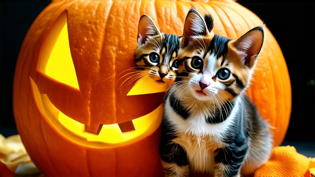  group of kittens sitting on a pumpkin, carved jack o lantern, for halloween, profile picture, close up, ar 16:9 {prompt}, maximum details