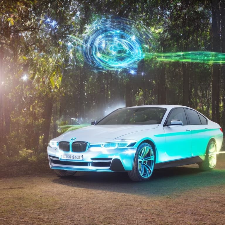 portrait+ style Holographic image with a transparent glowing silhouette of an antique car BMW The car has a translucent shining body, glowing with a soft blue or green light. There are magical plants and buildings around him, glowing in the dark.