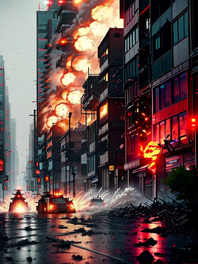  A photo of AI Robots attacking a city, a battle between machine and man, burning buildings and a deluge of blood and bodies in the streets.