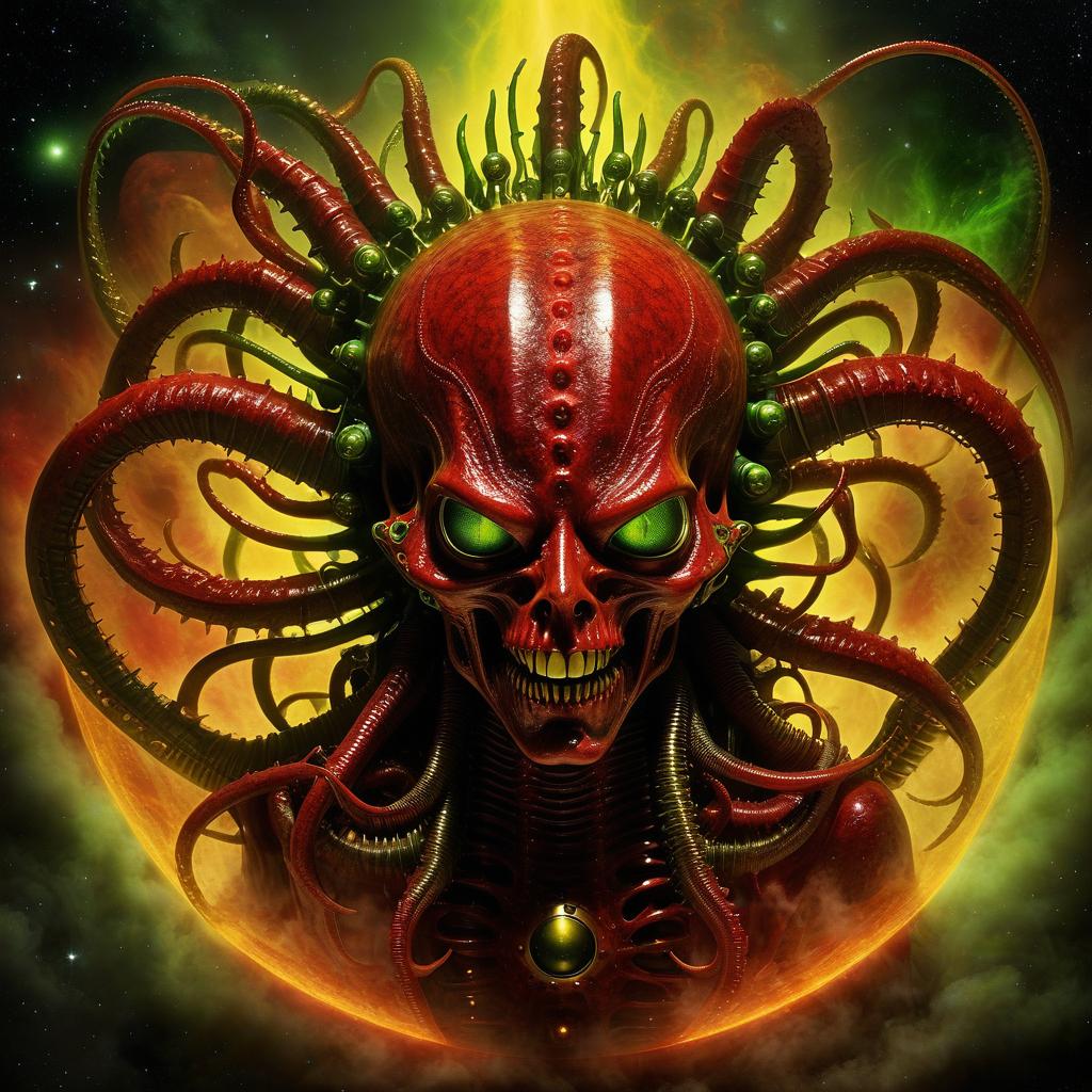  space themed beautiful demone hellraiser whisperer giger demon looks scary prickly red watch in yellow smoke and green sparks suction wings looks scary prickly red watch in yellow smoke and green sparks suction cups tentacles eyes all lower jaw sting tentacles claws and a terrible moan in red smoke . cosmic, celestial, stars, galaxies, nebulas, planets, science fiction, highly detailed