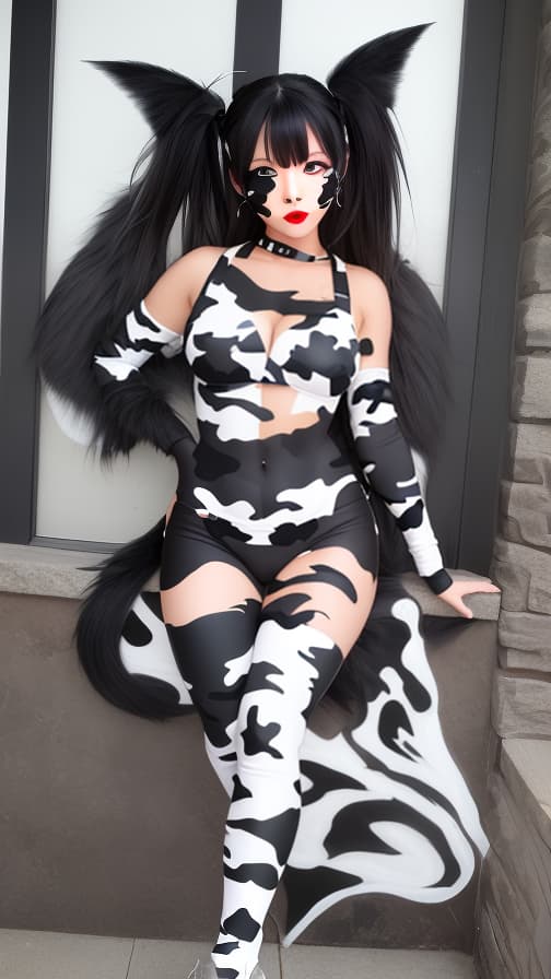  Full body black and white camouflage body paint, black and white camouflage face paint on the face, succubus 女性