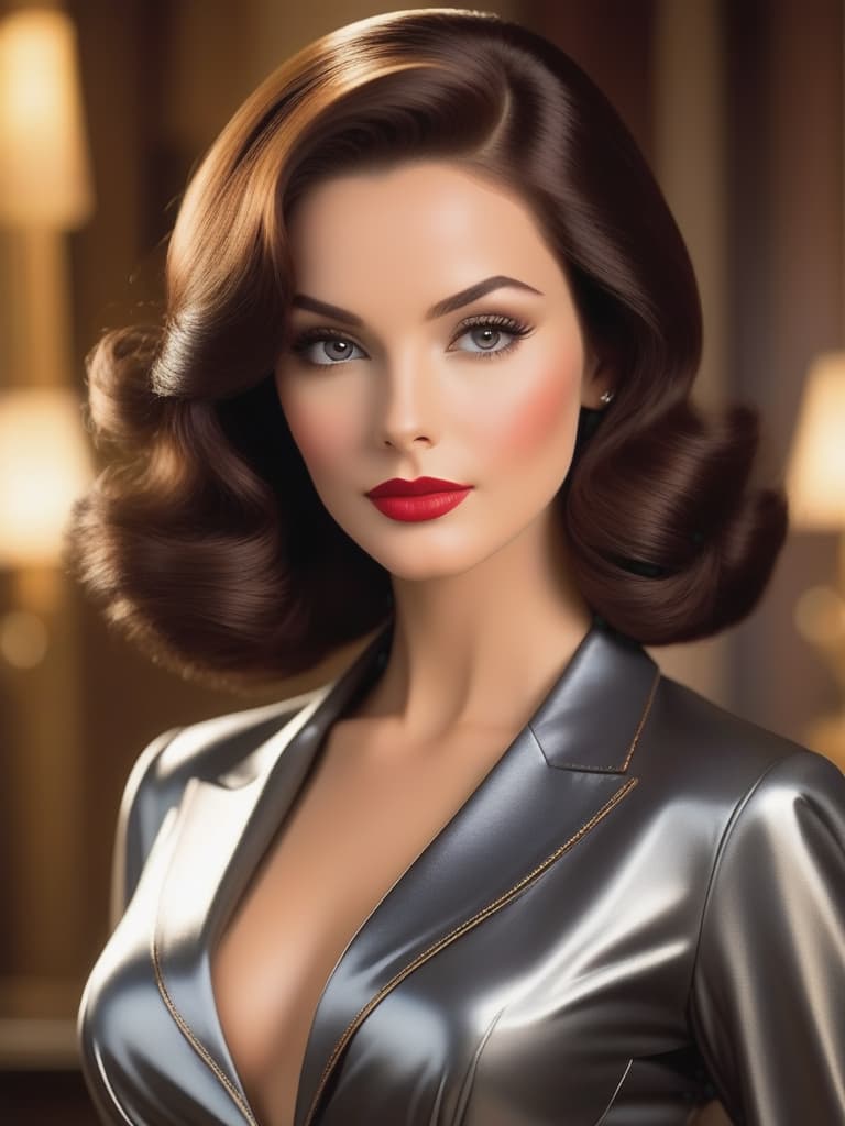  create an image of a striking young woman with clasic mid 20th century beauty. she has brown, shoulder length hair, styled in soft, elegant waves, typical of the 1950s or 1960s glamour. her eyes are a bright, piercing light gray, framed by dark, well defined brows, giving her an intense yet sophisticated gaze. her facial features are sharp and refined, with high cheekbones, a strong jawline, and full lips. she has a tall and athletic figure, standing confidently, with an air of elegance and strength, reflecting her famous roles. dress her in a tailored, form fitting outfit, like a sleek, high fashion dress or a vintage leather jacket, evoking her iconic roles in action and spy films. the overall mood should radiate confidence, grace, and a 