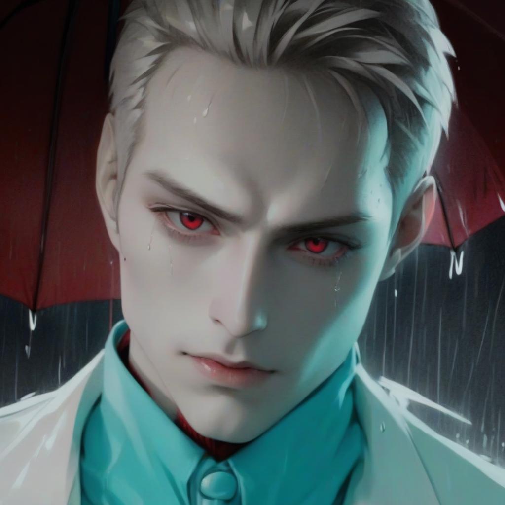  manga style man. vampire. pale skin. beautiful eyes. in a white jacket. under a red umbrella. rain. . vibrant, high energy, detailed, iconic, japanese comic style