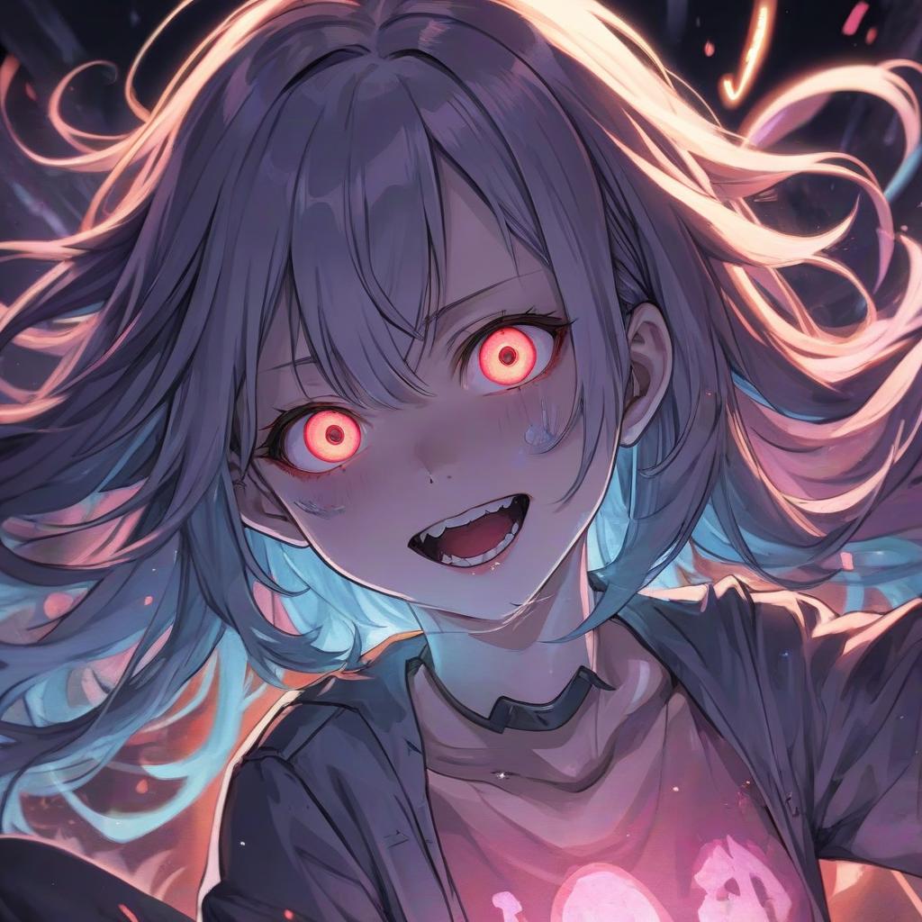  a close up of a person with glowing eyes, colored manga art, grin, horrific beautiful vibe, toko fukawa, dark backgroud, epic light novel cover art, insane nightmare, streaming on twitch, dark academia aesthetic, anime opening, highly [ detailed ], beautiful zombie, long glowing colourful hair