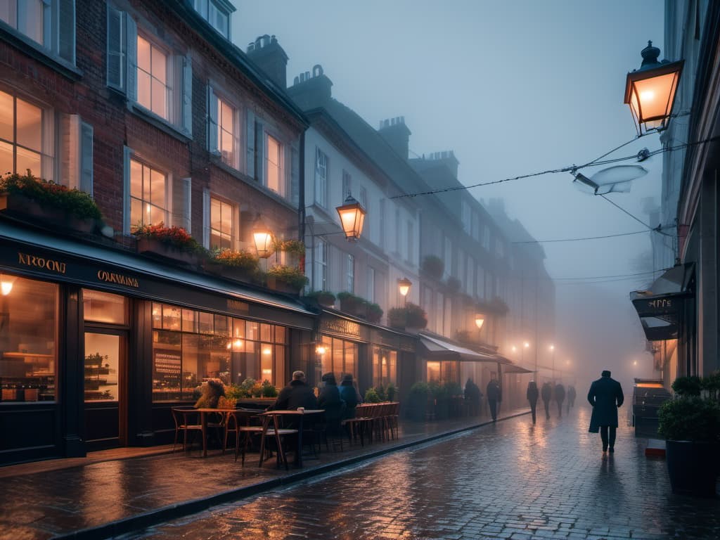  a realistic image of a vibrant cafe with multiple people including someone being served a coffee. outside is a rainy day on a cobbled street. 8k, hdr. hyperrealistic, full body, detailed clothing, highly detailed, cinematic lighting, stunningly beautiful, intricate, sharp focus, f/1. 8, 85mm, (centered image composition), (professionally color graded), ((bright soft diffused light)), volumetric fog, trending on instagram, trending on tumblr, HDR 4K, 8K