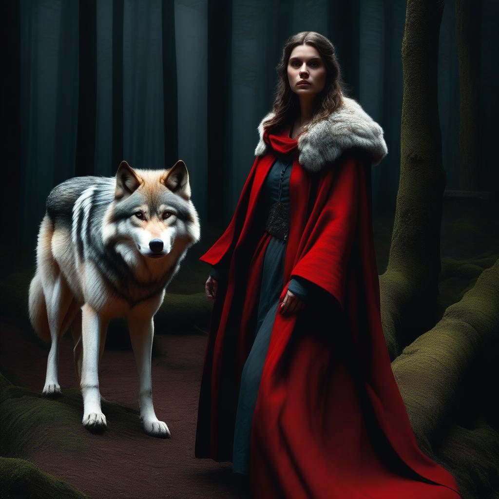  The Girl in the Red Cloak with the Wolf in the Dark Forest detailed digital painting, a photorealistic painting, art photography, bloody, scarred, scary, horror, spooky, nightmare, ultra detailed, hyper focus, high res, unreal engine, masterpiece, , high quality, highly detailed, sharp focus, 4K, 8K