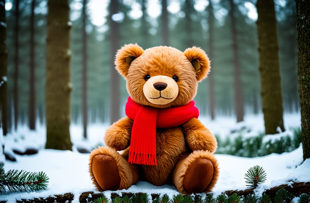  professional detailed photography, brown teddy bear wearing a red scarf sitting in the snowy forest. Крупный план ar 3:2, (muted colors, dim colors, soothing tones), (vsco:0.3)