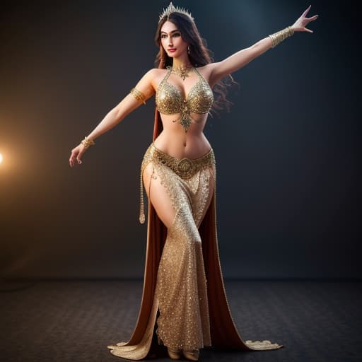  images of a belly dancer hyperrealistic, full body, detailed clothing, highly detailed, cinematic lighting, stunningly beautiful, intricate, sharp focus, f/1. 8, 85mm, (centered image composition), (professionally color graded), ((bright soft diffused light)), volumetric fog, trending on instagram, trending on tumblr, HDR 4K, 8K