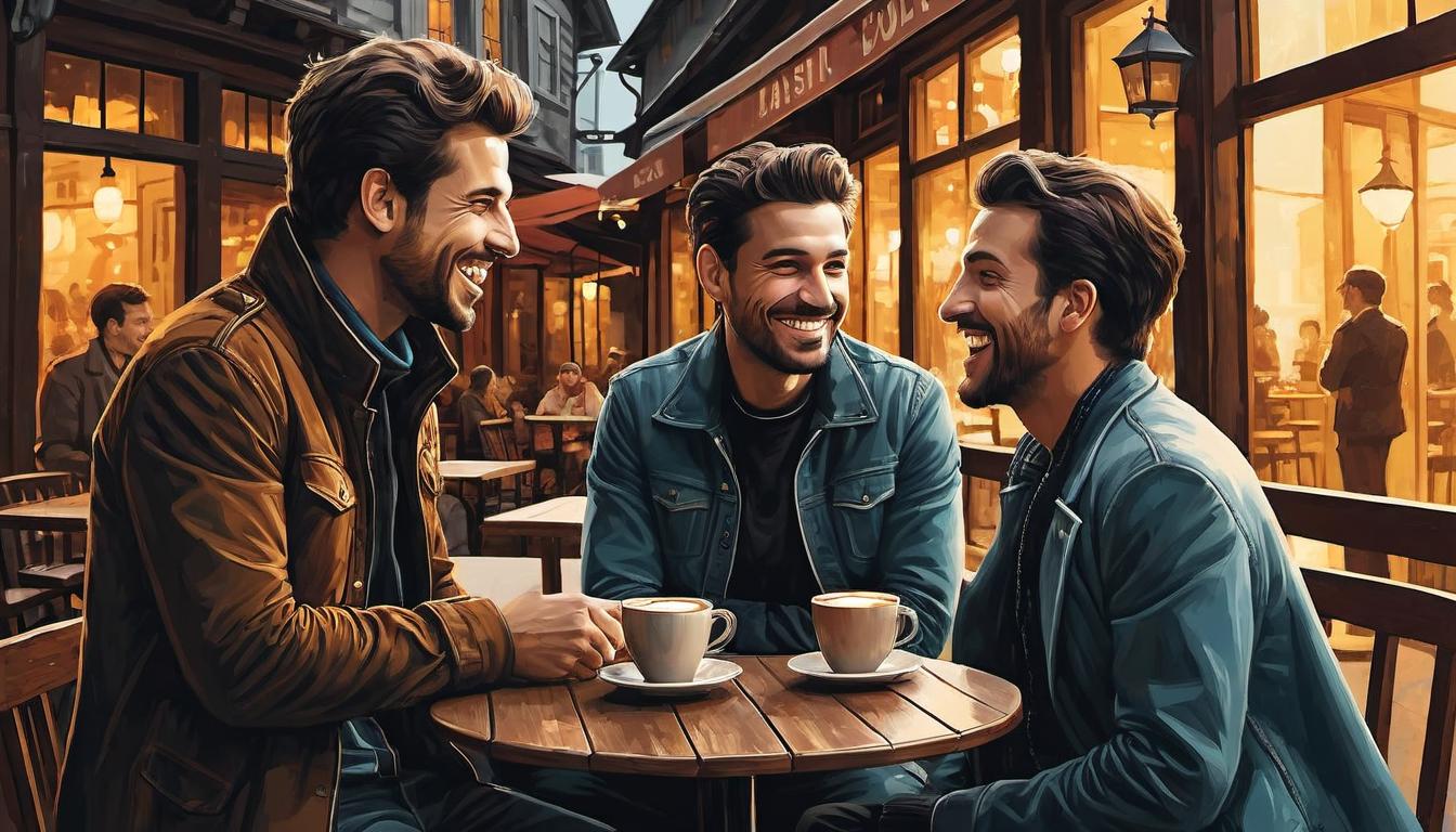  （surrealism)a pair of friends sharing coffee, one speaking animatedly with enthusiasm, the other nodding with a slight competitive glint in their eye, background of a cozy cafe, underlying tension, facade of support mystic, intricate details, best quality)