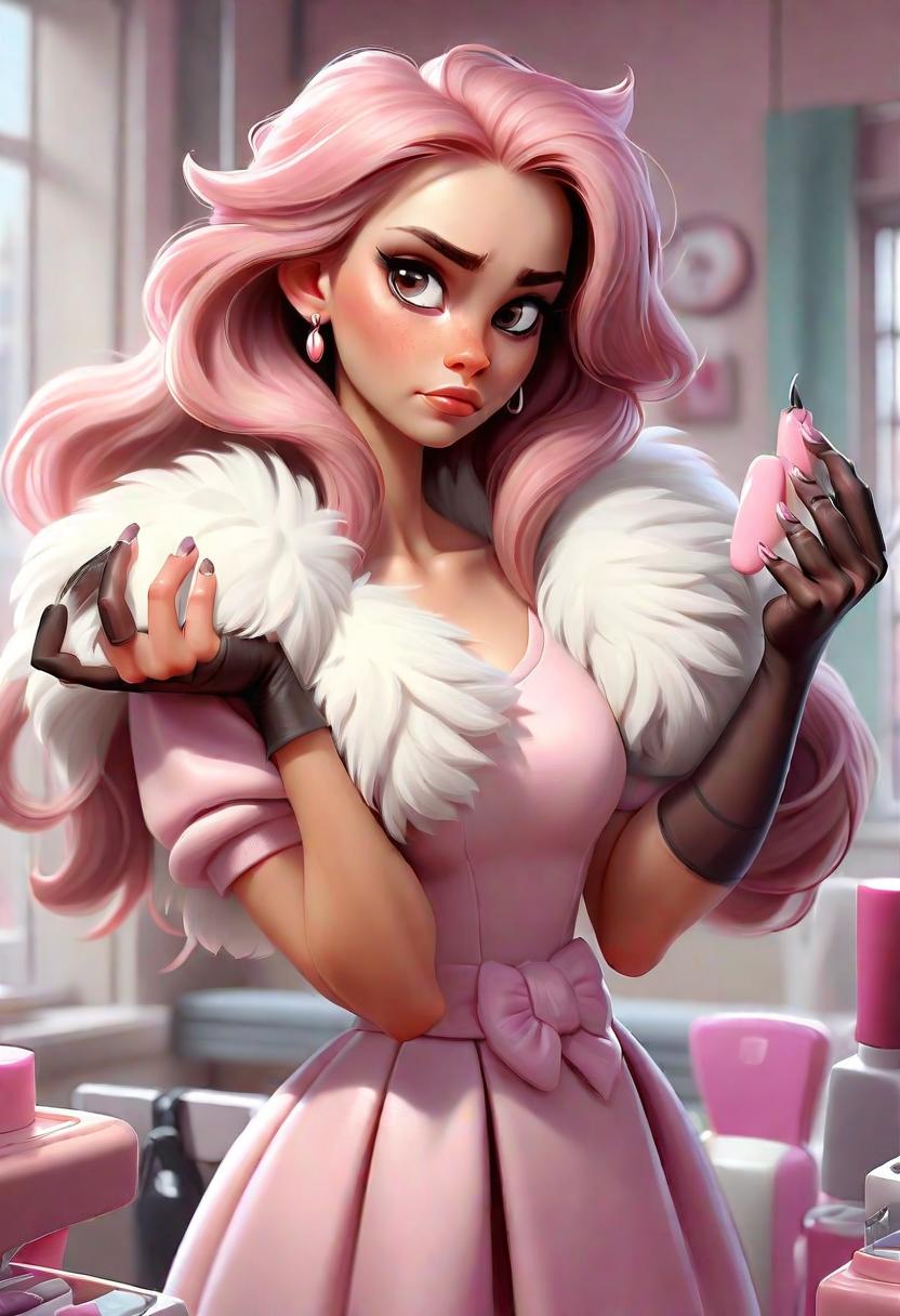  concept art cute young woman with fluffy paws as hand and pinky claws at nail design studio . digital artwork, illustrative, painterly, matte painting, highly detailed, perfect hands, perfecteyes