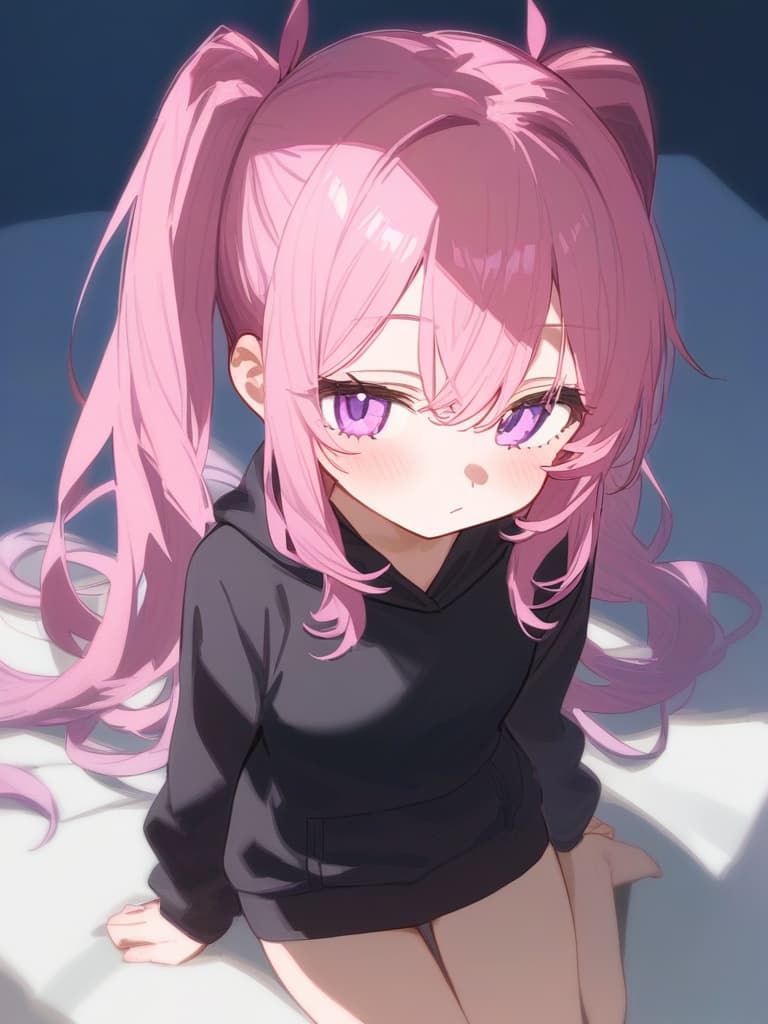  purpleeyes,girl,cute,pinkhair,twintail,wholebody,blackonepiece