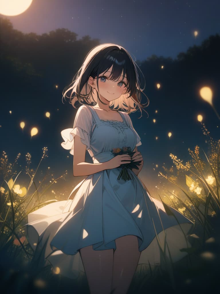  black hair, id, maid, , gles girl, gles girl, girls wearing gles, infant body, , meadow, moon, night sky, smiling, bouquet, fireflies, summer clothes, masterpiece, best quality,8k,ultra detailed,high resolution,an extremely delicate and beautiful,hyper detail