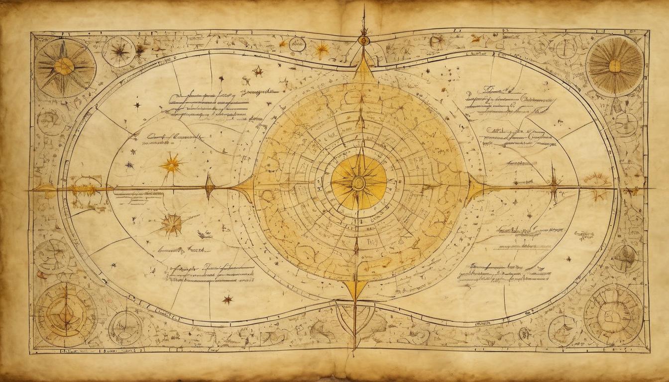  on parchment, surrealism++, a celestial map showing a constellation of stars, central star chamber highlighted, golden aura around the chamber, divine pathways, guiding and sacred(mysterious, provocative, symbolic)++