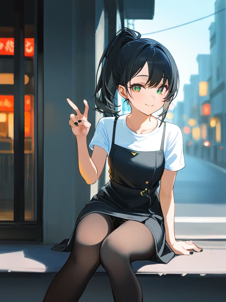  (✌peace pose:2.0)masterpiece,beautiful girl,nice body,(long legs:1.5)(ponytail:1.7)(wearing a knee length dress with white short sleeves:2.0)(smiling)((wearing a pitch black panty hose:2.2))(full length:1.7)(on the street:1.5)(sitting shallow on the guardrailsitting:1.7)(close up:1.5)high quality,16k