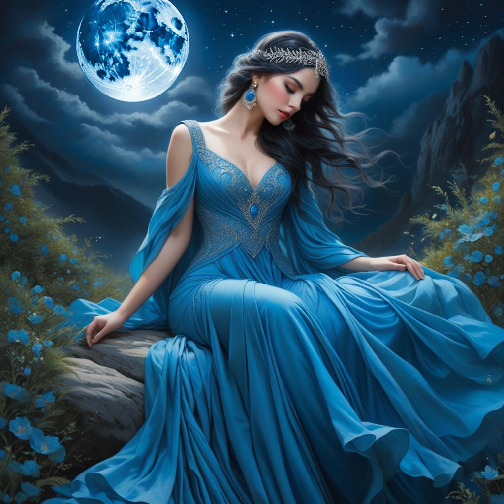  moon goddess, blue, dreamy, weird, award winning, professional, highly detailed, masterpiece