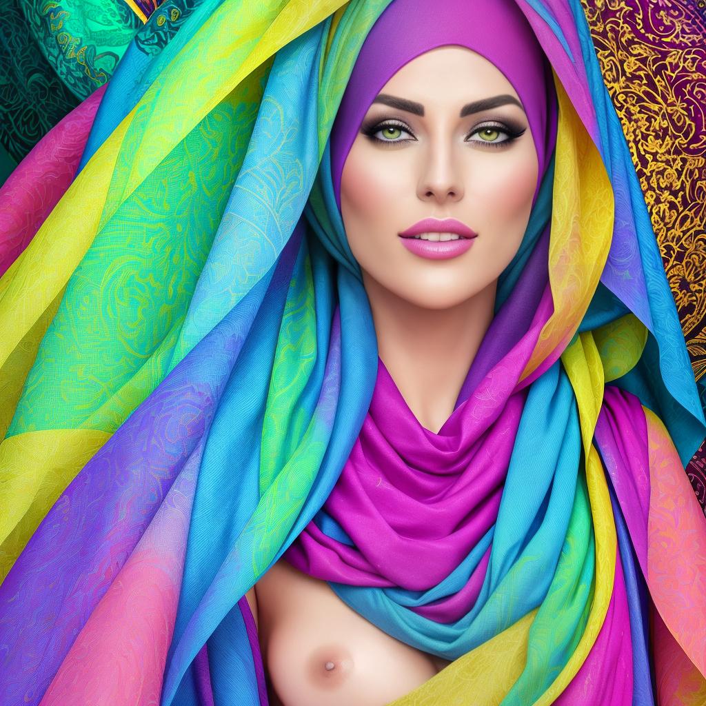  The photo shows a drawing of a woman wearing a hijab. The veil is colored light blue and yellow, and decorated with some other colors such as pink and green. The background of the image contains attractive artistic interference in bright colors, including purple, green, dark blue, and yellow. The drawing is characterized by its digital and artistic nature, giving a sense of modernity and beauty. The facial features are clear and precise, and reflect an artistic and creative touch. hyperrealistic, full body, detailed clothing, highly detailed, cinematic lighting, stunningly beautiful, intricate, sharp focus, f/1. 8, 85mm, (centered image composition), (professionally color graded), ((bright soft diffused light)), volumetric fog, trending on instagram, trending on tumblr, HDR 4K, 8K